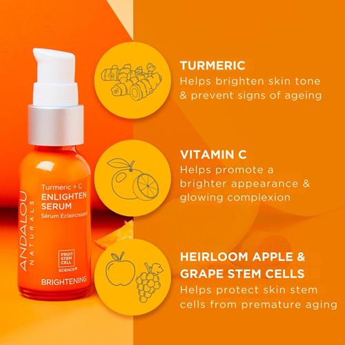 Andalou Naturals Turmeric + C Enlighten Serum, Skin Smoothing Serum With Vitamin C & Turmeric, Anti Aging Skin Care, Diminish Sun Damage And Refine Skin, 1.1 Fl Oz
