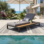 Black Iron & Teak Finish Chaise Lounge Set: 1 Frame + 1 3-Fold Dark Cushion