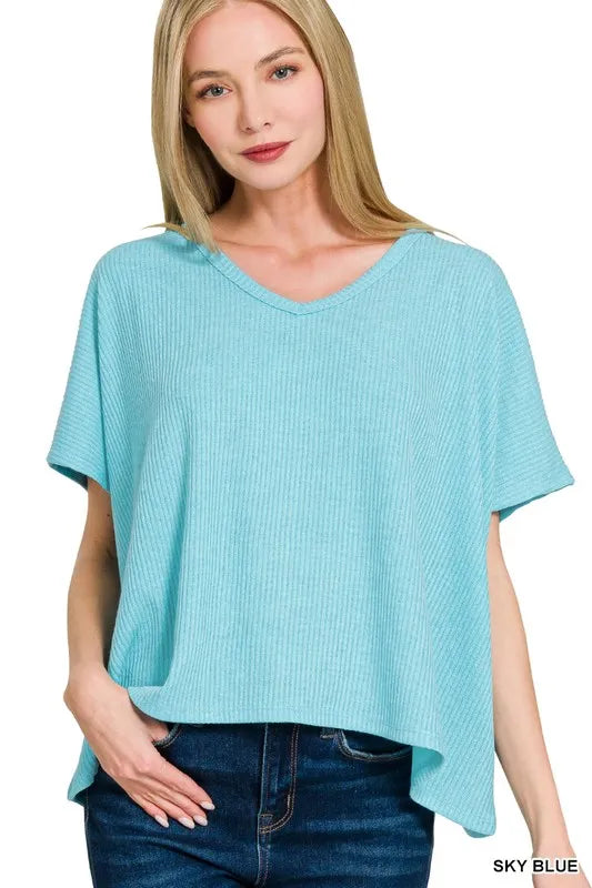 Ribbed V-Neck Short-Sleeve Knit Top
