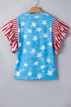 Vintage Star Print Striped Ruffle Sleeve Independence Day Top
