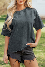 Dark Grey Solid Color Cotton Mineral Washed Oversize Tee