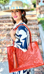 The Amy| Hand-Tooled Leather Tote Bag