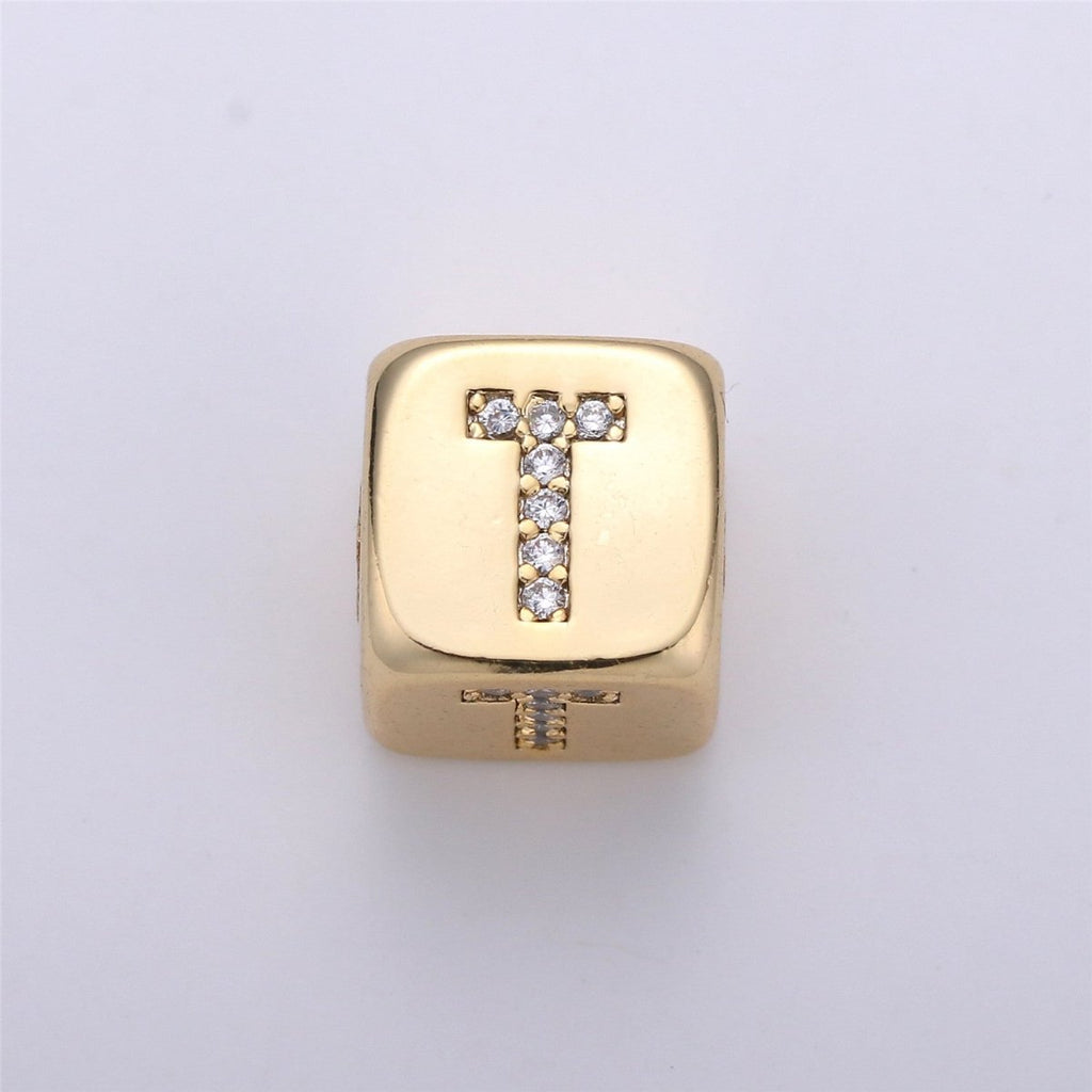 9x9mm Gold Initial Letter Beads, Alphabet Beads, Initial Beads, Alphabet Blocks Micro Pave Initial Block Charm for Bracelet Necklace Supply