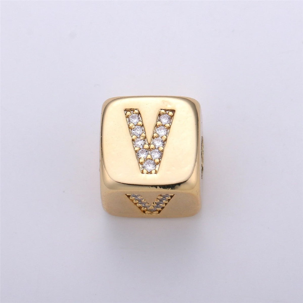 9x9mm Gold Initial Letter Beads, Alphabet Beads, Initial Beads, Alphabet Blocks Micro Pave Initial Block Charm for Bracelet Necklace Supply