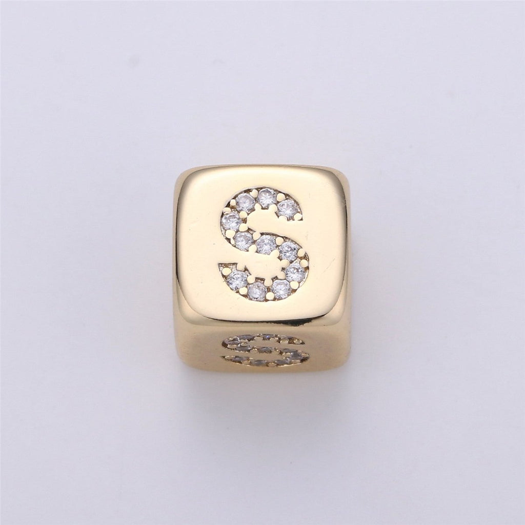 9x9mm Gold Initial Letter Beads, Alphabet Beads, Initial Beads, Alphabet Blocks Micro Pave Initial Block Charm for Bracelet Necklace Supply