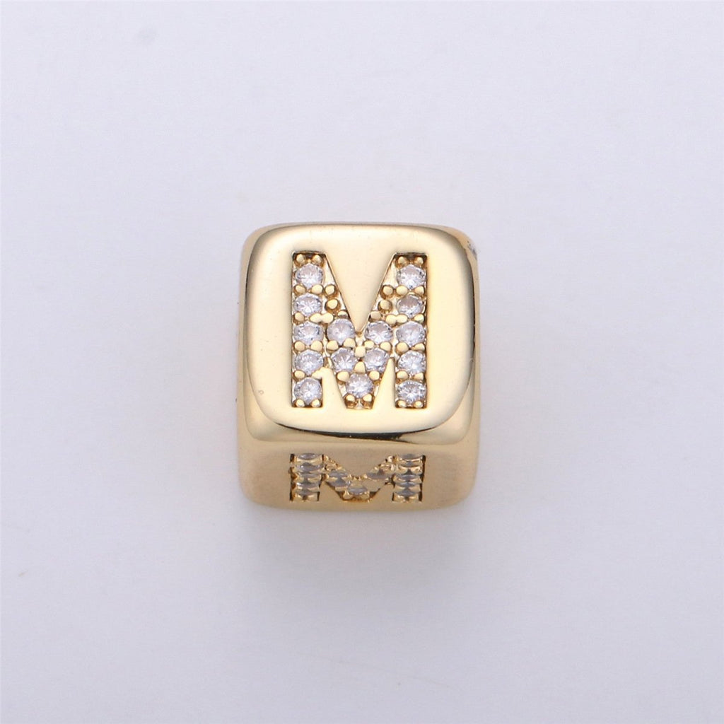 9x9mm Gold Initial Letter Beads, Alphabet Beads, Initial Beads, Alphabet Blocks Micro Pave Initial Block Charm for Bracelet Necklace Supply