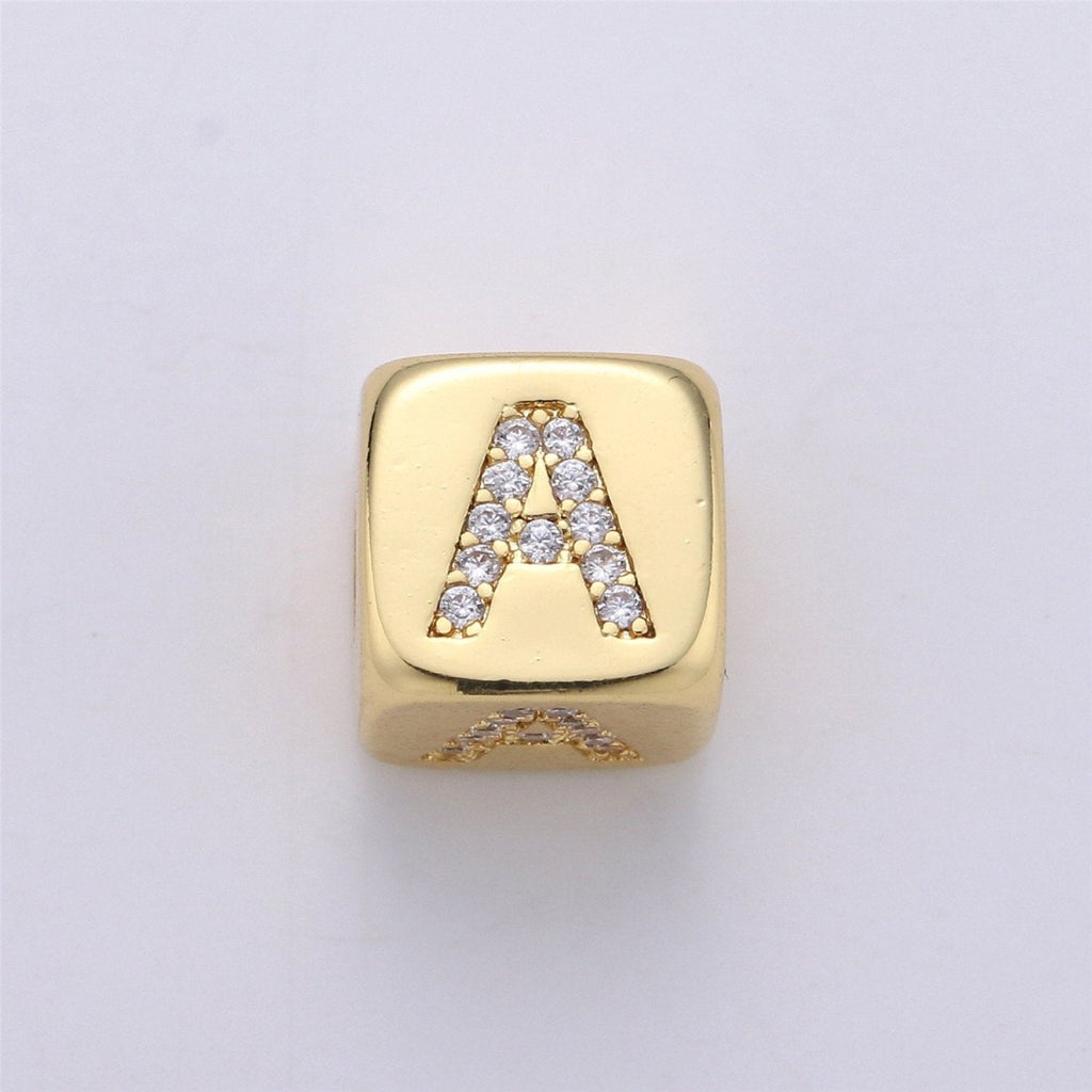 9x9mm Gold Initial Letter Beads, Alphabet Beads, Initial Beads, Alphabet Blocks Micro Pave Initial Block Charm for Bracelet Necklace Supply