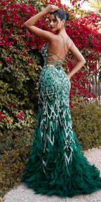 Andrea & Leo A1229 Long Fitted Feather and Bead Embellished Mermaid Gown