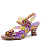 Handmade Leather Colored Stripe Heel Comfy Sandals