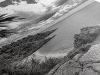 Island View Cliffs, Tropical Shoreline, Black and White Seascape, Framed Canvas Print, Bathroom Art, Travel Decor, Coastal Vibe