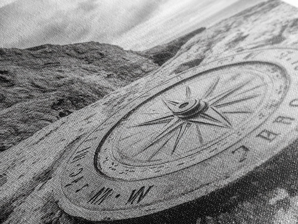 Compass On Cliff, Adventure Travel Art, Nautical Wall Decor, Framed Canvas Print, Rustic Office Art, Nature Explorer Gift Idea
