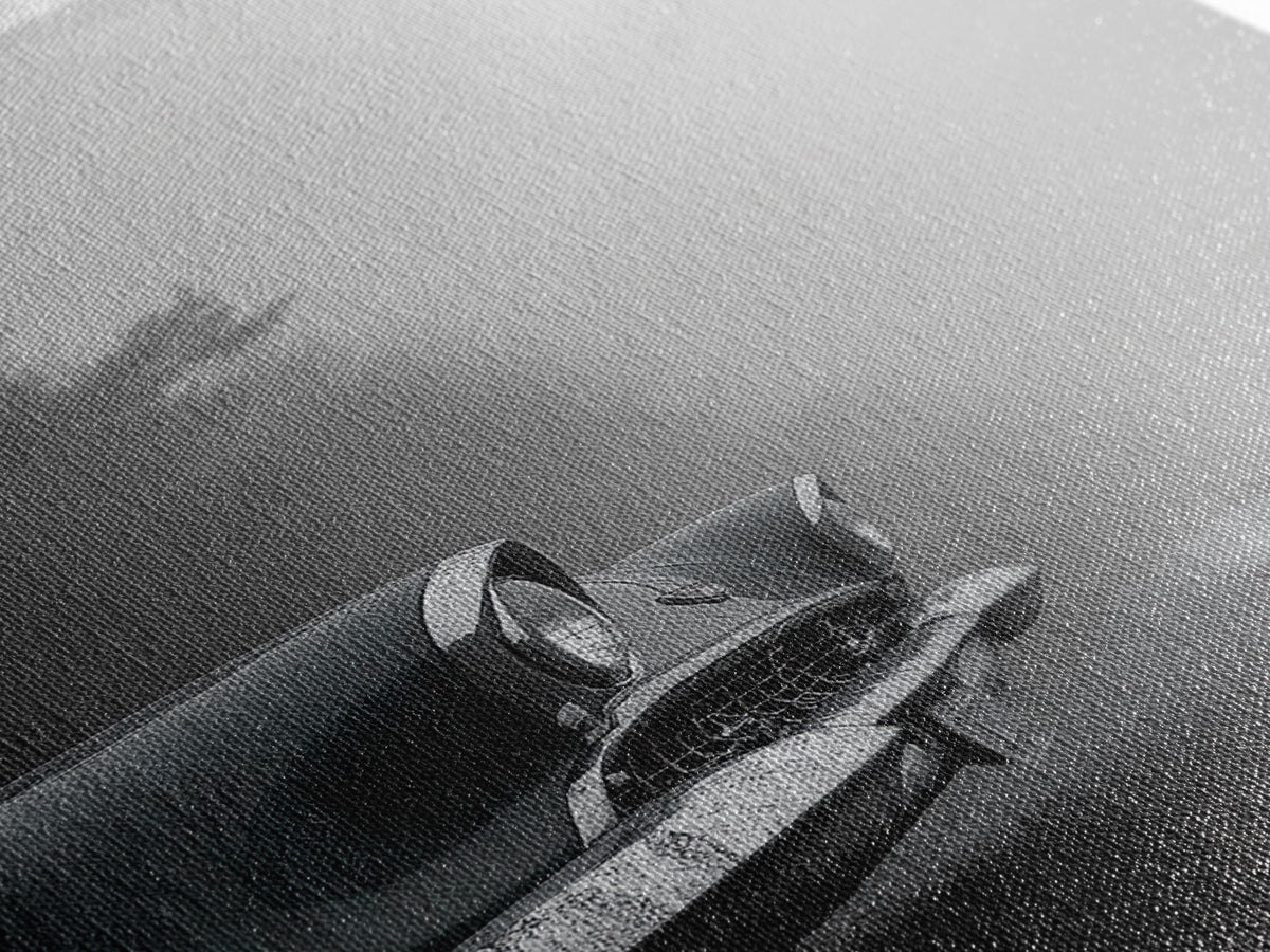 Vintage Car, Foggy Road, Moody Drive Aesthetic, Canvas Print, Industrial Retro Wall Art, Garage Office Decor, Monochrome Travel Art