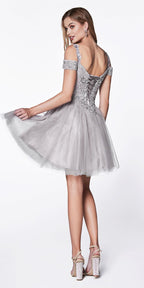CLEARANCE - Cinderella Divine CD0132 Short A-Line Dress Off Shoulder Glitter Tulle Skirt (Size S)