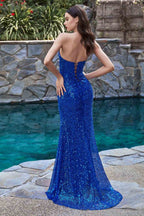 Cinderella Divine CH165C Long Strapless Asymmetrical Fitted Sequin Gown