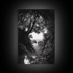 Hidden Beach, Cave Entrance, Secret Shoreline, Natural Light, Canvas Print, Bathroom Wall Decor, Travel Inspired Art, Black And White
