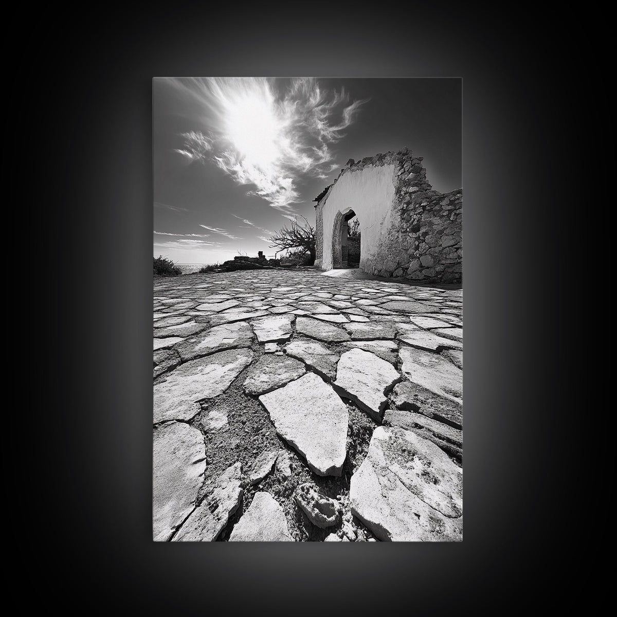 Desert Archway, Stone Ruins, Sunny Sky, Canvas Print, Rustic Travel Wall Art, Mediterranean Decor, Minimalist Earthy Aesthetic