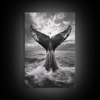 Whale Tail Splash, Ocean Sunset, Marine Majesty, Powerful Moment, Framed Canvas Print, Nautical Art, Coastal Living Room Decor