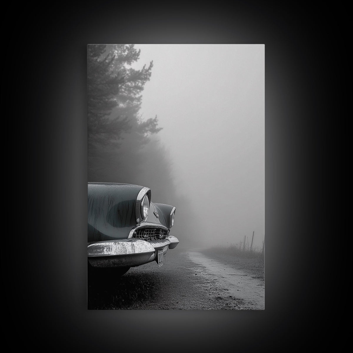 Vintage Car, Foggy Road, Moody Drive Aesthetic, Canvas Print, Industrial Retro Wall Art, Garage Office Decor, Monochrome Travel Art