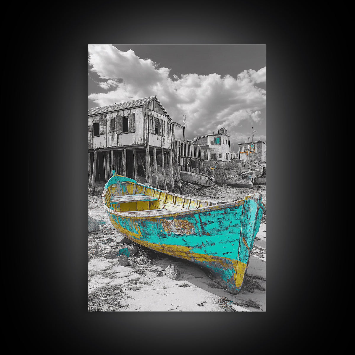 Rustic Boat, Coastal Village, Vintage Shore, Seaside Scene, Framed Canvas Print, Nautical Wall Art, Cottage Decor, Seaside Living