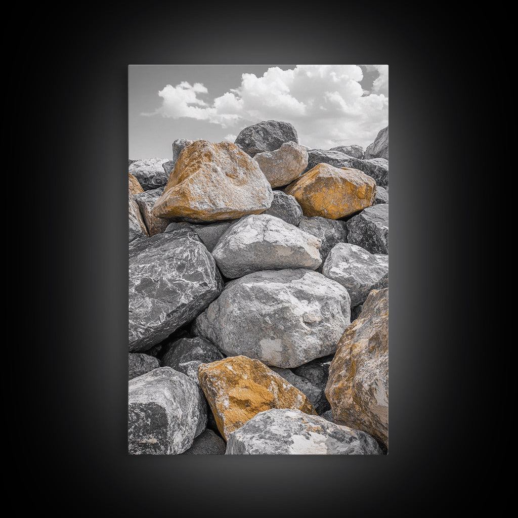 Golden Boulders, Earthy Texture, Nature Stones, Framed Canvas Print, Industrial Office Wall Art, Minimalist Landscape, Rock Photography
