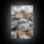 Golden Boulders, Earthy Texture, Nature Stones, Framed Canvas Print, Industrial Office Wall Art, Minimalist Landscape, Rock Photography