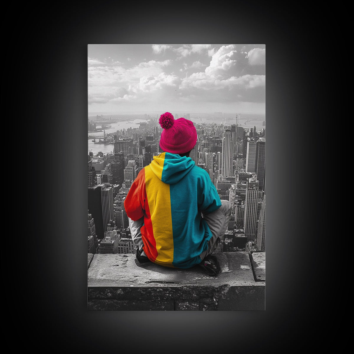 Urban View, Colorful Hoodie, NYC Vibes, Canvas Print, Cityscape Wall Art, Street Style Decor, Modern Apartment Statement Art