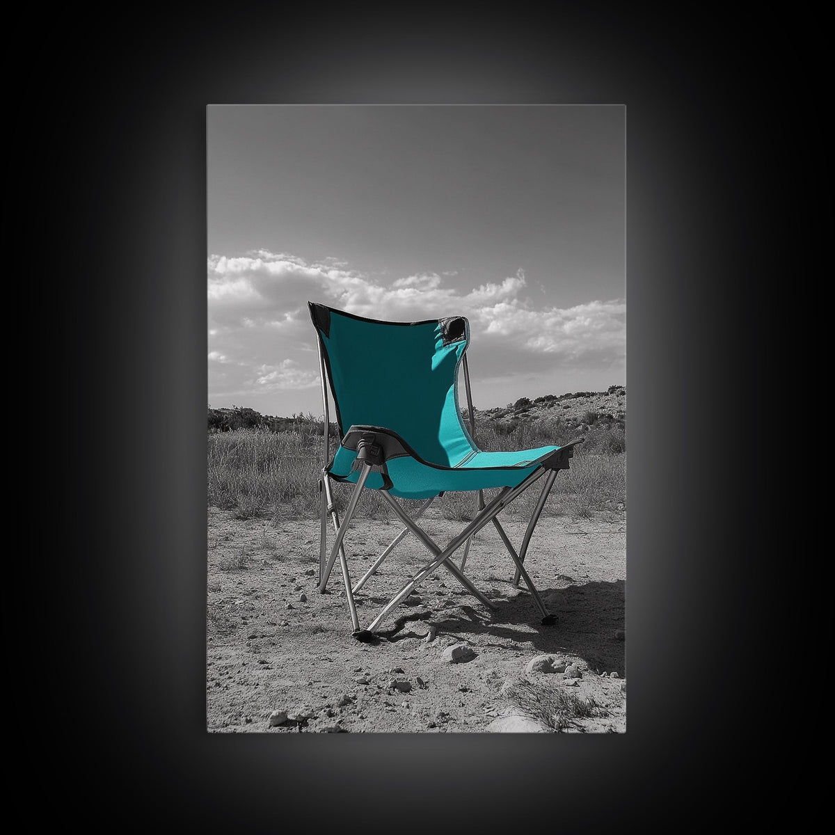 Teal Camp Chair, Outdoor Minimalism, Desert Art, Canvas Print, Camping Wall Decor, Nature Photo, Rustic Retreat, Cabin Wall Art