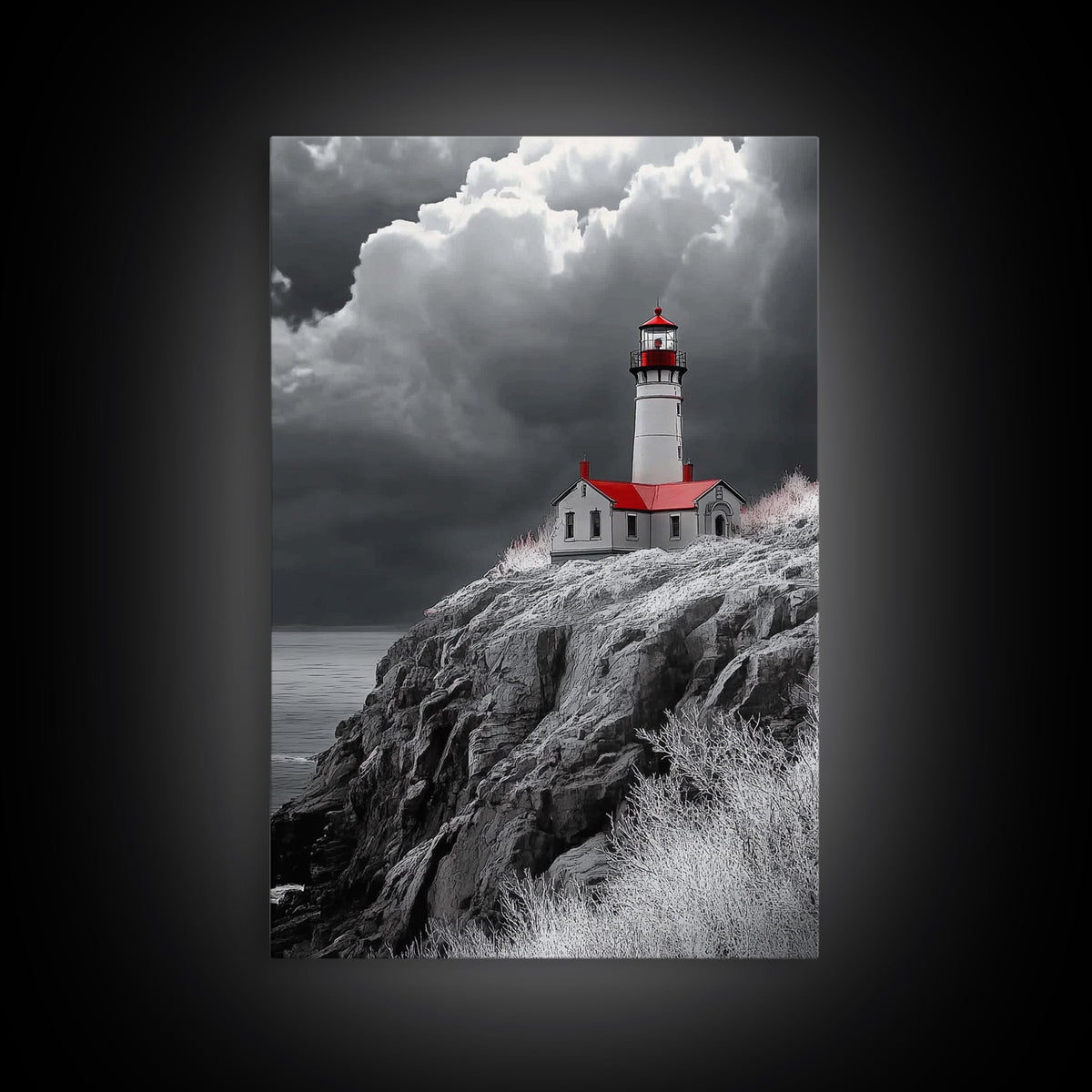 Stormy Lighthouse, Red Roof, Dramatic Coastline, Canvas Print, Coastal Wall Decor, Nautical Art, Living Room Wall Art, Rustic Home Art