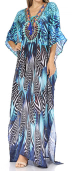 Sakkas Georgettina Flowy Rhinestone V Neck Long Caftan Dress/Cover Up