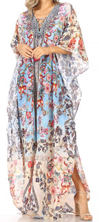 Sakkas Georgettina Flowy Rhinestone V Neck Long Caftan Dress/Cover Up