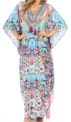 Sakkas Georgettina Flowy Rhinestone V Neck Long Caftan Dress/Cover Up