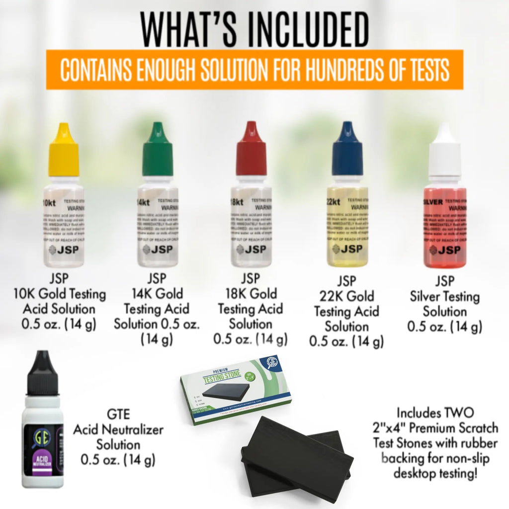 Gold & Silver Testing Kit JSP Acids 10K-24K, Silver, Neutralizer & 2 Large GTE Testing Stones