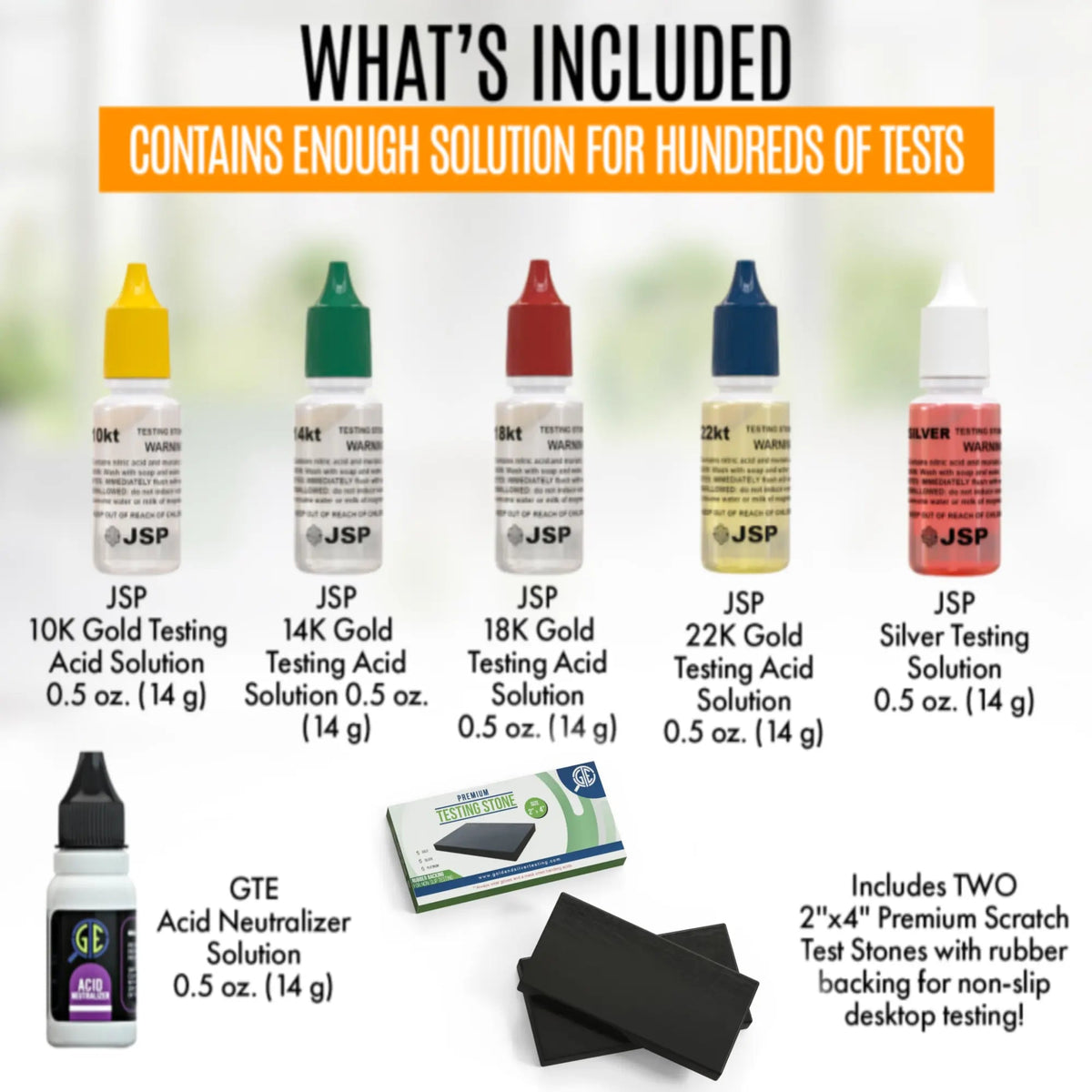 Gold & Silver Testing Kit JSP Acids 10K-24K, Silver, Neutralizer & 2 Large GTE Testing Stones