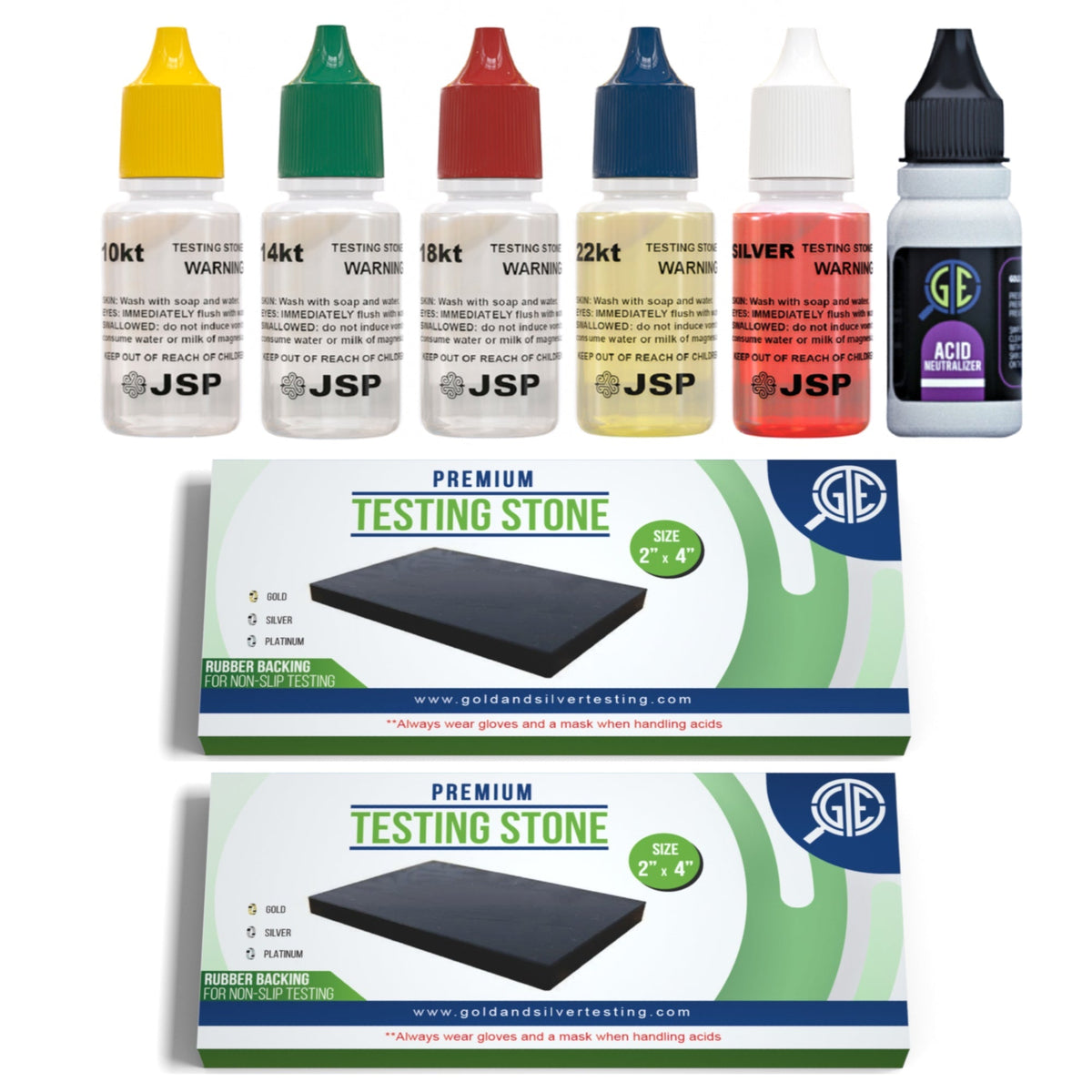 Gold & Silver Testing Kit JSP Acids 10K-24K, Silver, Neutralizer & 2 Large GTE Testing Stones