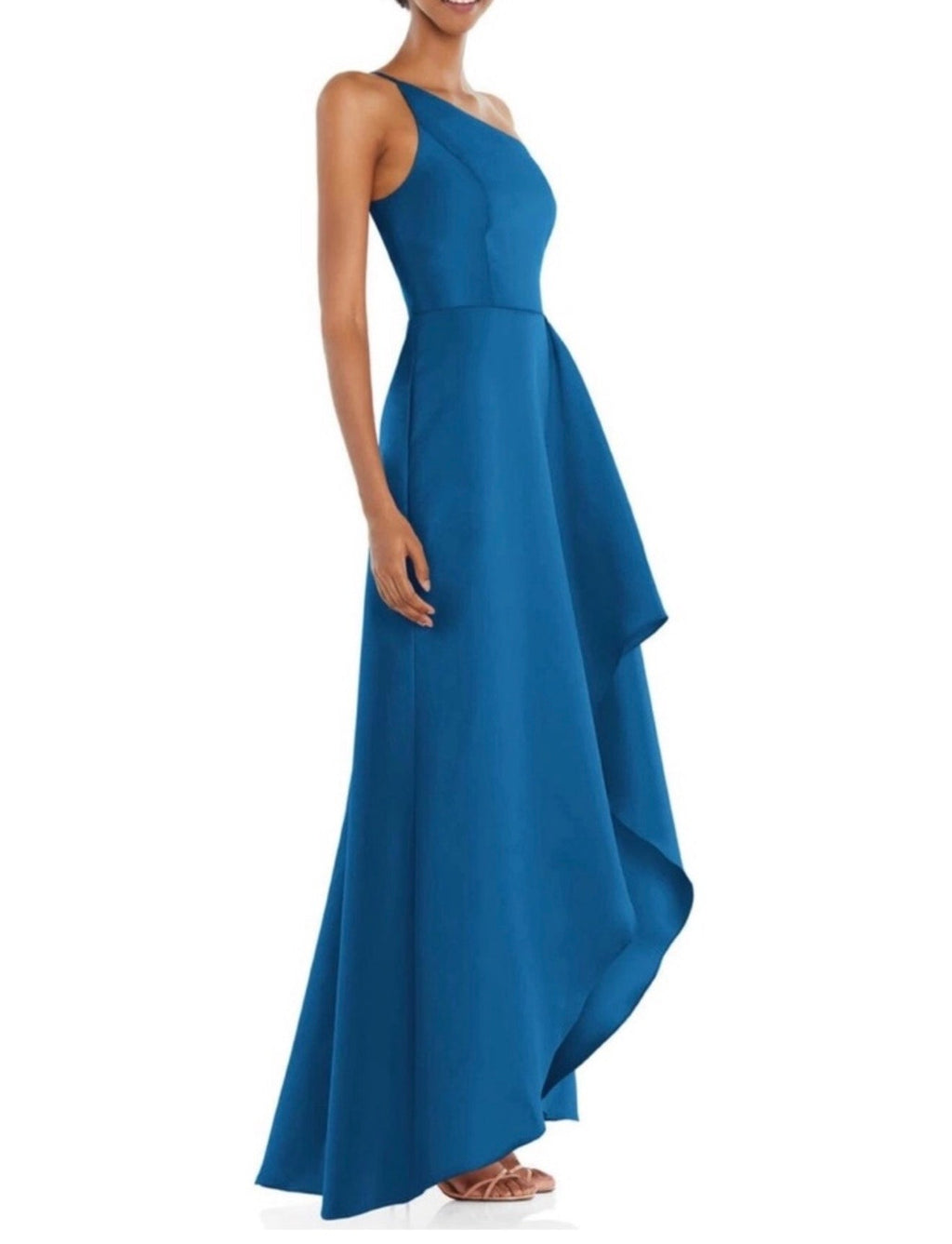 Alfred Sung D831 Classic Blue One-Shoulder Twill High-Low Gown Size 8 NWT $252
