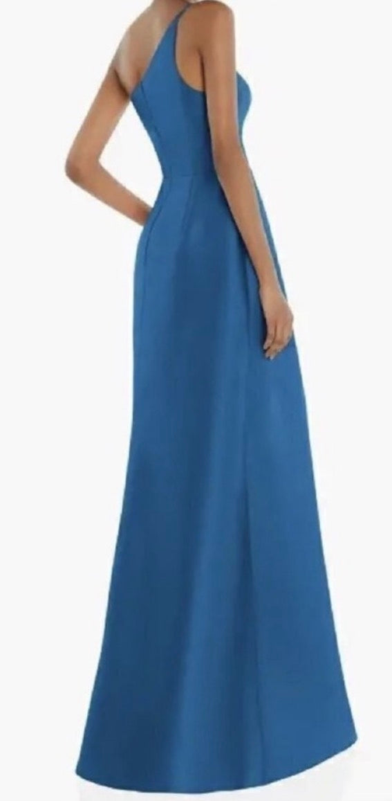 Alfred Sung D831 Classic Blue One-Shoulder Twill High-Low Gown Size 8 NWT $252