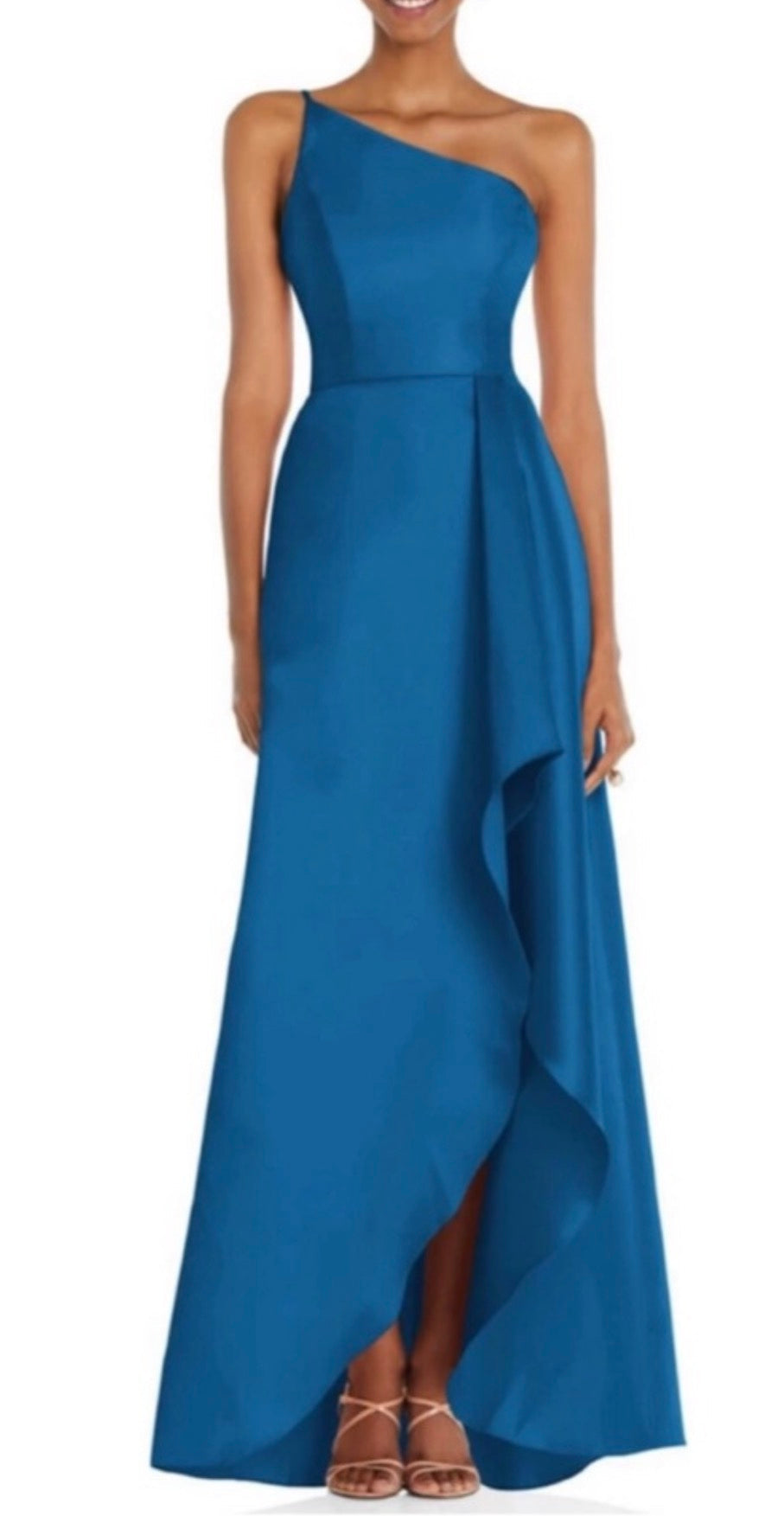 Alfred Sung D831 Classic Blue One-Shoulder Twill High-Low Gown Size 8 NWT $252