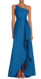Alfred Sung D831 Classic Blue One-Shoulder Twill High-Low Gown Size 8 NWT $252
