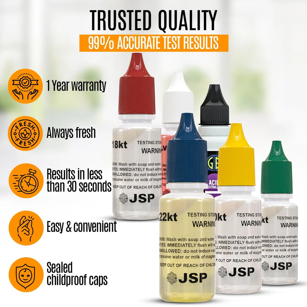 Gold & Silver Testing Kit JSP Acids 10K-24K, Silver, Neutralizer & 2 Large GTE Testing Stones