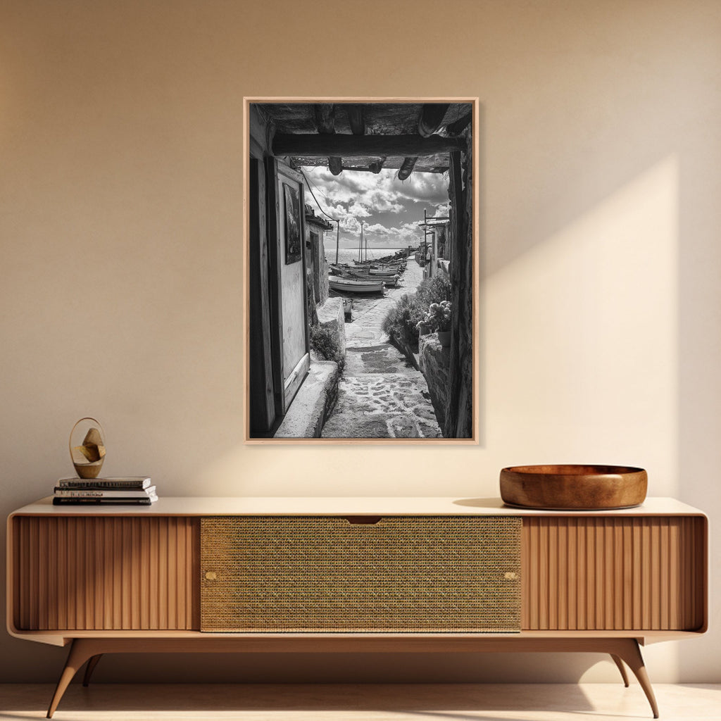 Mediterranean Boats, Seaside View, Coastal Pathway, Italian Charm, Framed Canvas Print, Kitchen Wall Art, Boho Rustic Style, Travel Decor