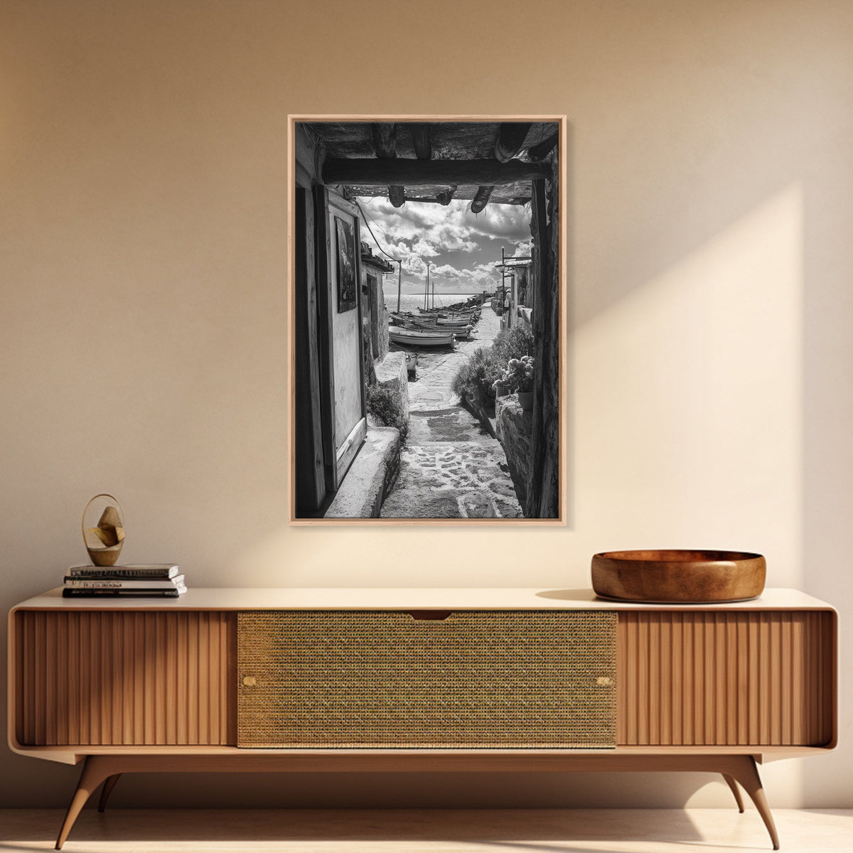 Mediterranean Boats, Seaside View, Coastal Pathway, Italian Charm, Framed Canvas Print, Kitchen Wall Art, Boho Rustic Style, Travel Decor
