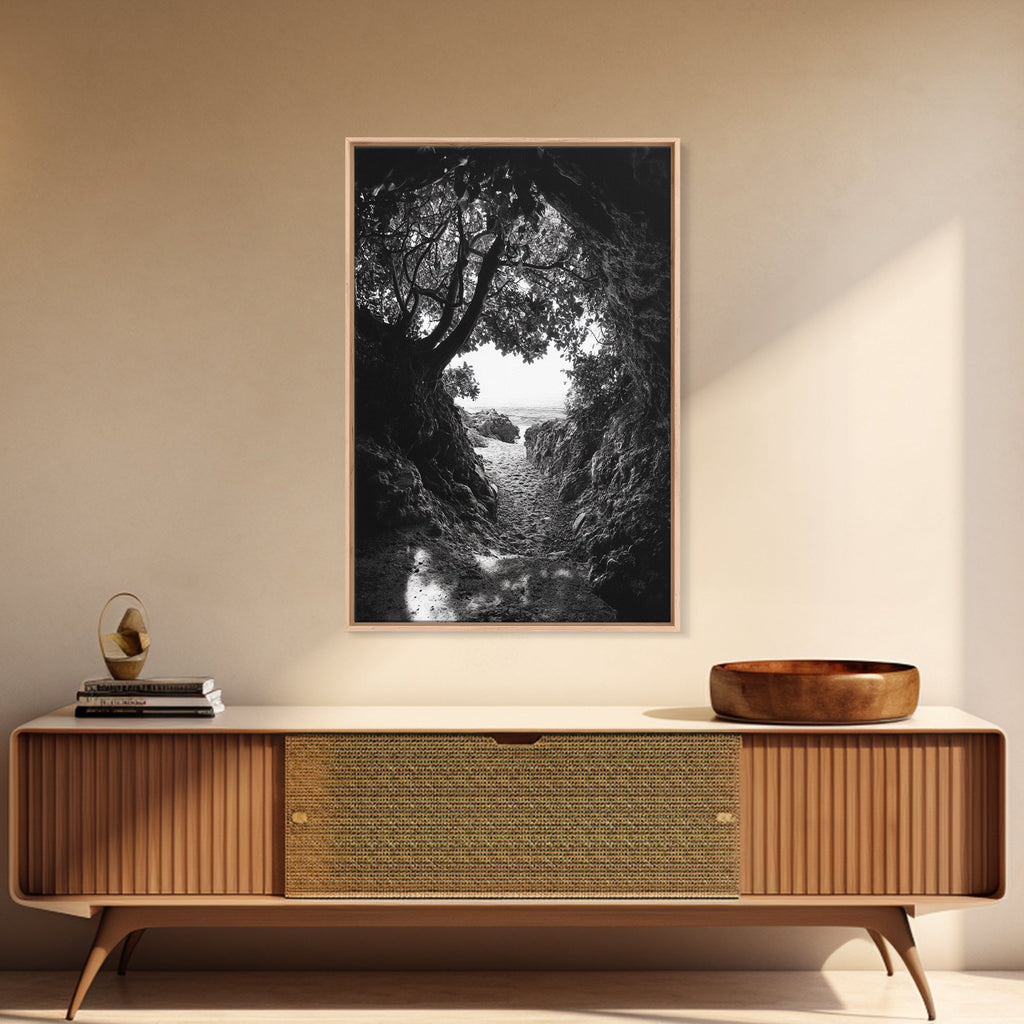 Hidden Beach, Cave Entrance, Secret Shoreline, Natural Light, Canvas Print, Bathroom Wall Decor, Travel Inspired Art, Black And White