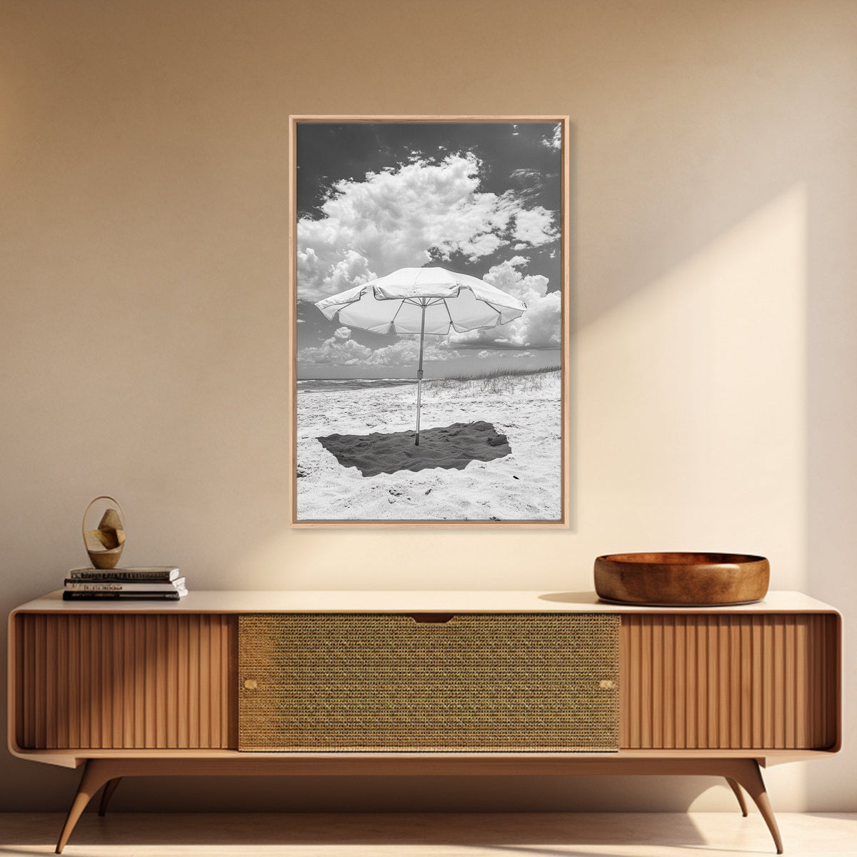 Beach Umbrella, Sunny Escape, Coastal Cloudscape, Framed Canvas Print, Summer Vibe Wall Art, Outdoor Living Decor, Travel Mood