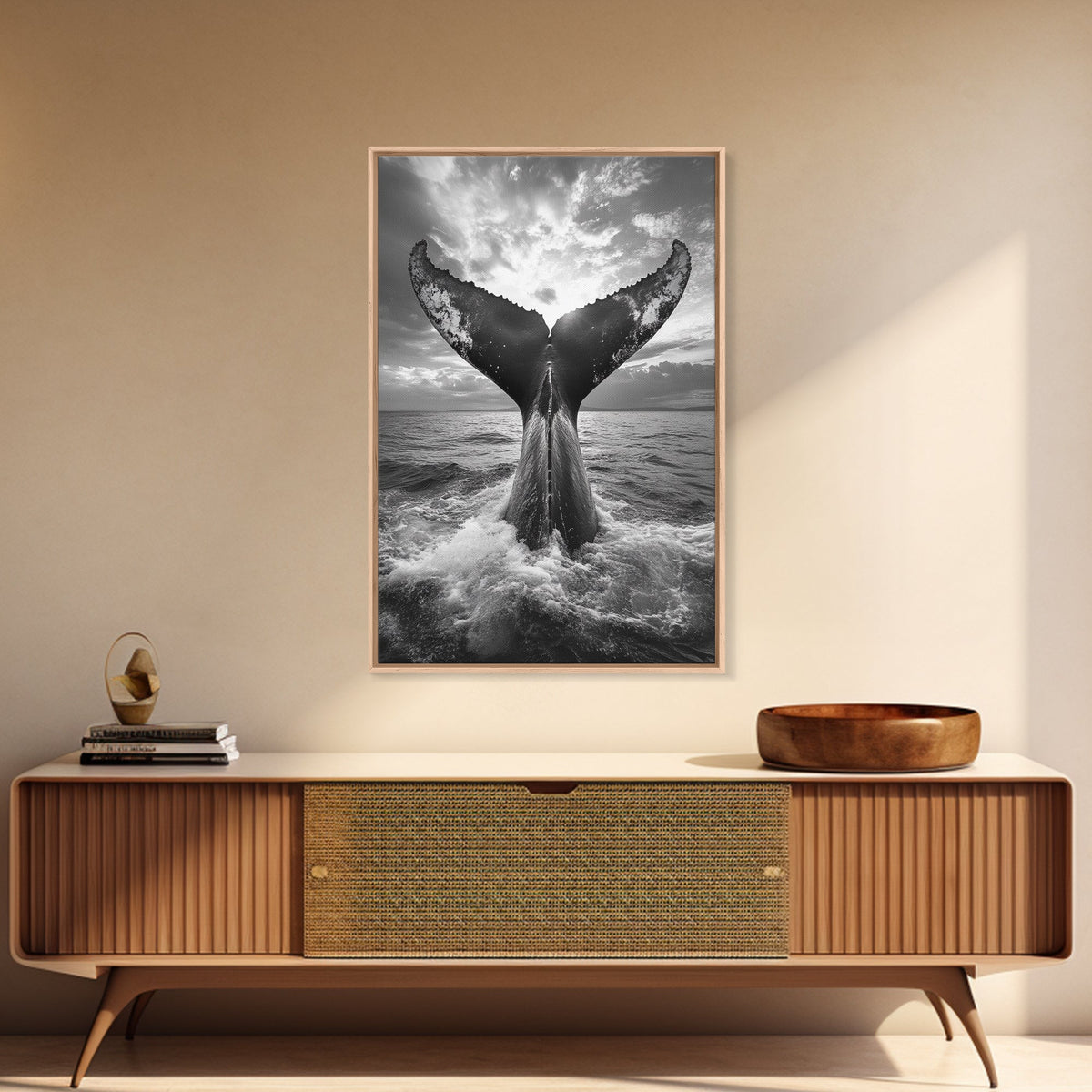 Whale Tail Splash, Ocean Sunset, Marine Majesty, Powerful Moment, Framed Canvas Print, Nautical Art, Coastal Living Room Decor
