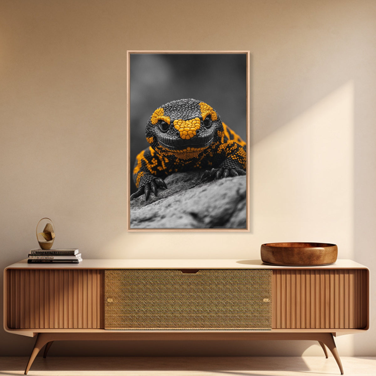 Lizard Close Up, Yellow and Black, Reptile Macro, Framed Canvas Print, Nature Photography, Animal Art, Man Cave Wall Art, Wildlife Decor