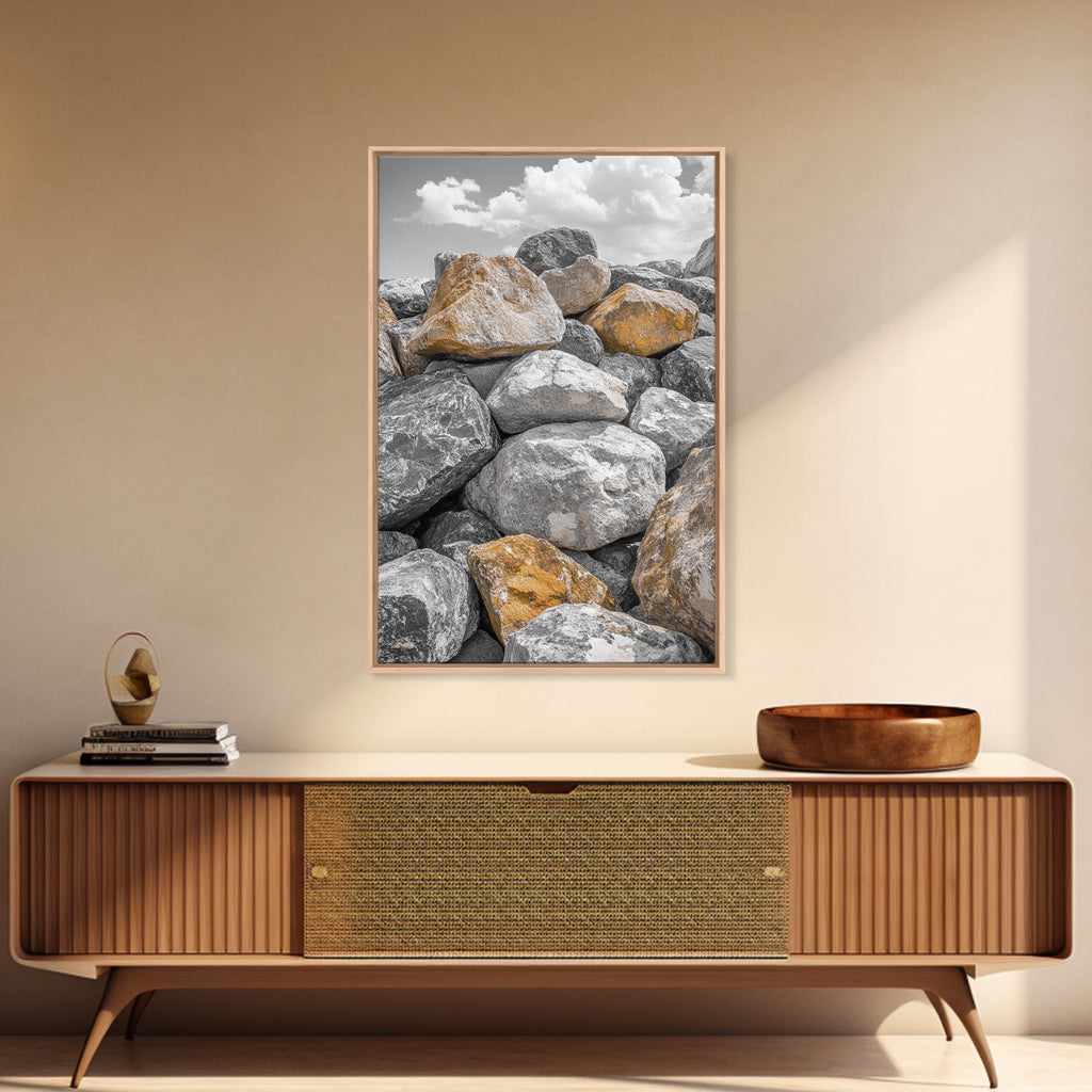 Golden Boulders, Earthy Texture, Nature Stones, Framed Canvas Print, Industrial Office Wall Art, Minimalist Landscape, Rock Photography