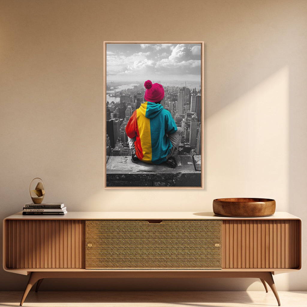 Urban View, Colorful Hoodie, NYC Vibes, Canvas Print, Cityscape Wall Art, Street Style Decor, Modern Apartment Statement Art