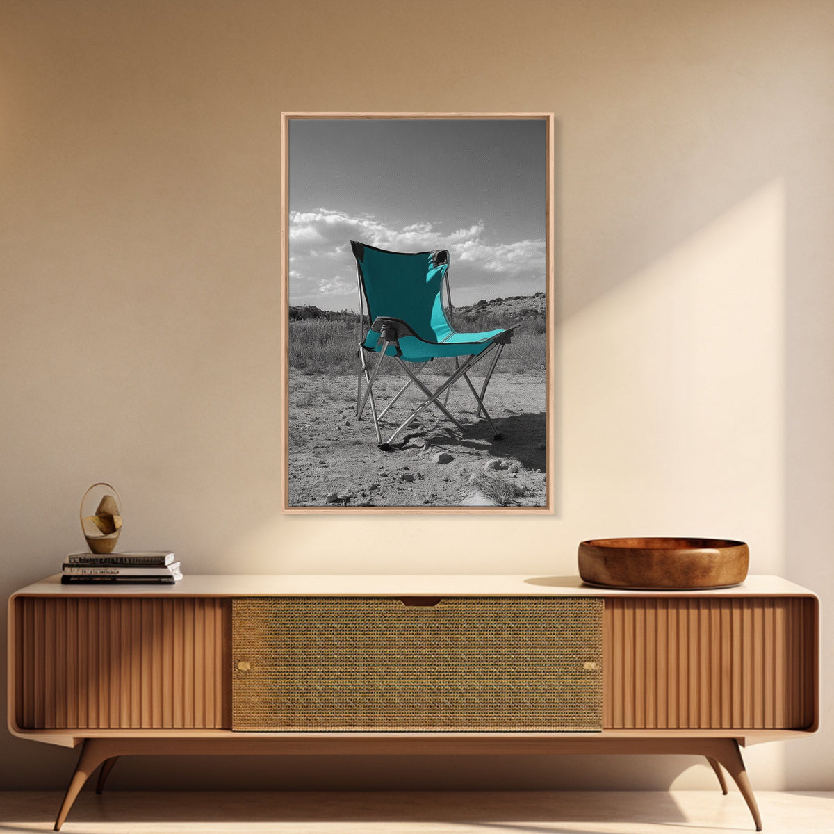 Teal Camp Chair, Outdoor Minimalism, Desert Art, Canvas Print, Camping Wall Decor, Nature Photo, Rustic Retreat, Cabin Wall Art