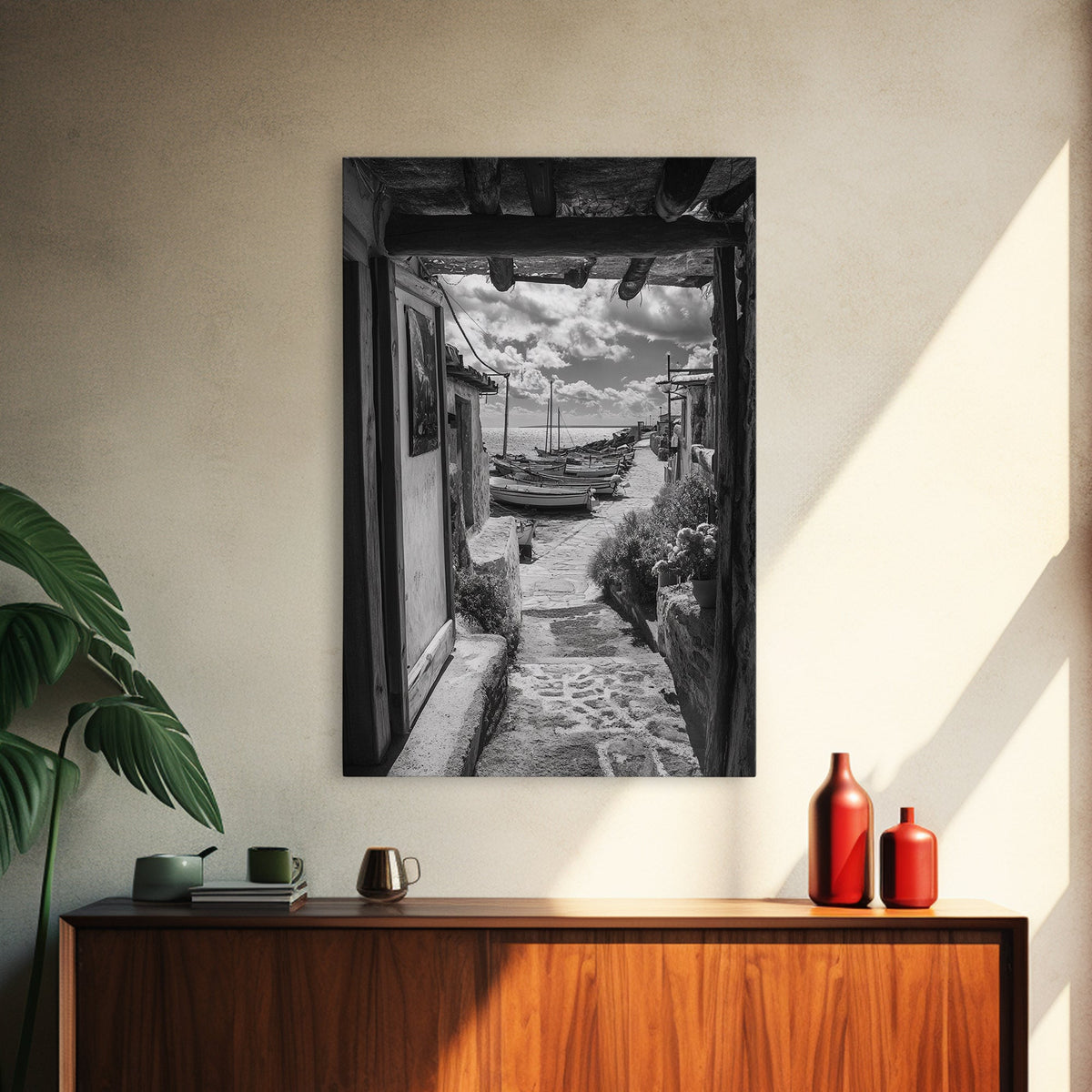 Mediterranean Boats, Seaside View, Coastal Pathway, Italian Charm, Framed Canvas Print, Kitchen Wall Art, Boho Rustic Style, Travel Decor