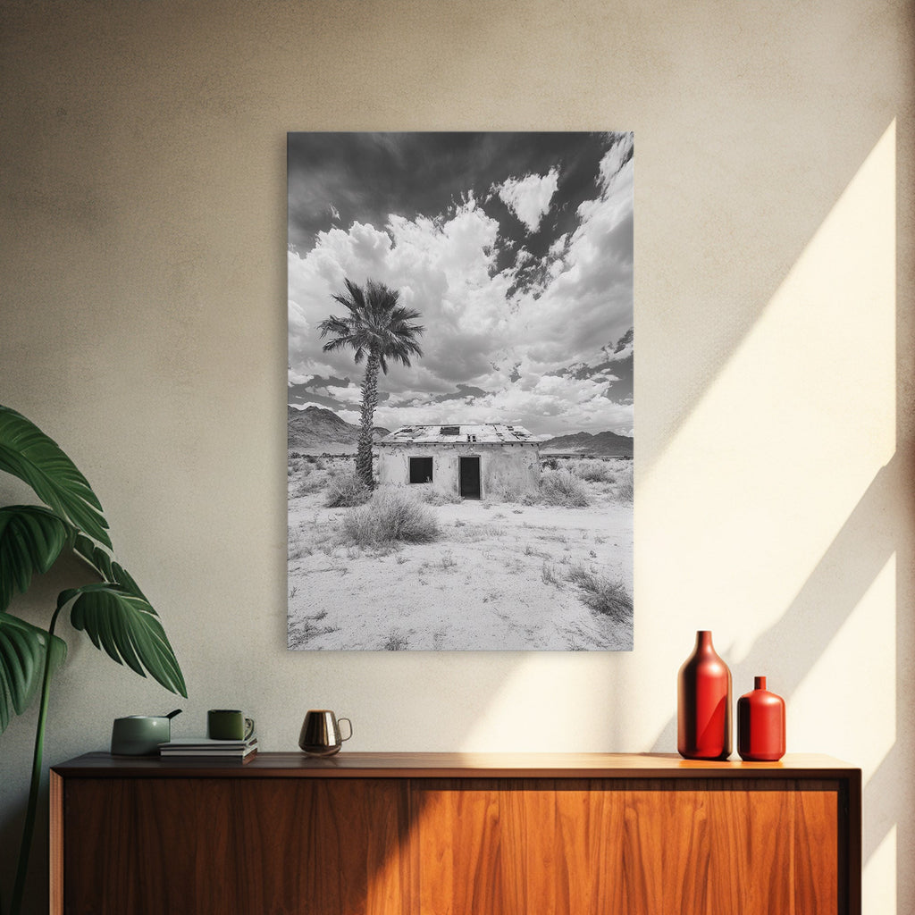 Palm Tree, Desert Shack, Abandoned Beauty, Western Minimalism, Canvas Print, Living Room Wall Art, Rustic Modern Style, Boho Wall Decor